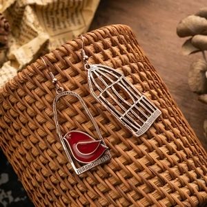 3/$30 Vintage Red Bird In Cage Drop Earrings